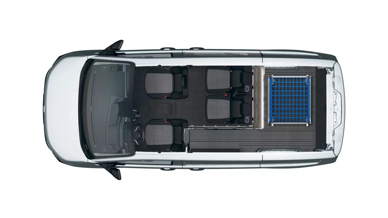 VW Transporter mit 4 Sitzen, L-Trennwand und Platz für einen Rollcontainer